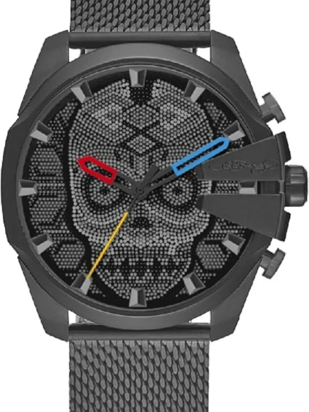 Ed Hardy Men's Skull Gunmetal Mesh Bracelet Watch 53mm Analog Quartz Wristwatch